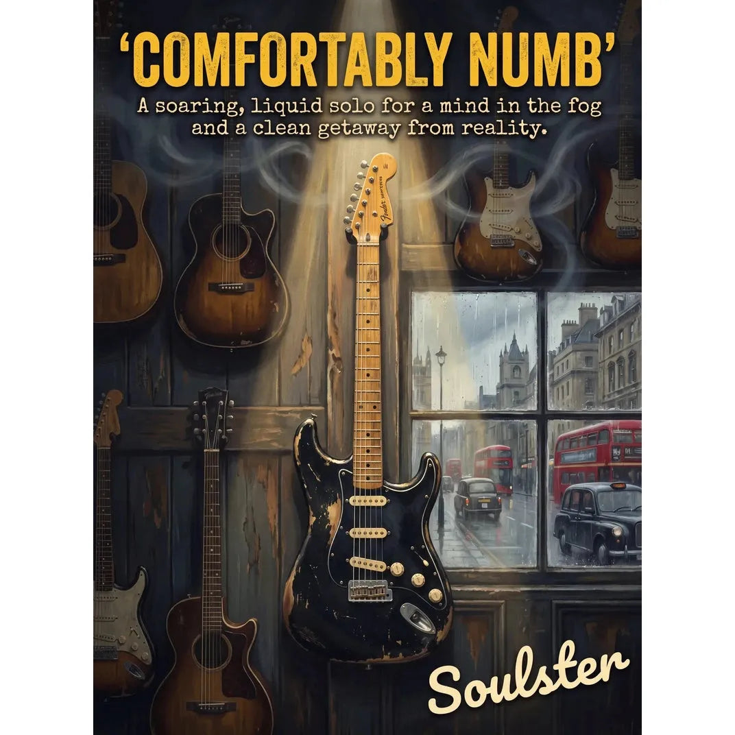 Soulster Manchester Edition wall art print showing a cinematic pulp style design of a Vintage Guitar inspired by Comfortably Numb - London.