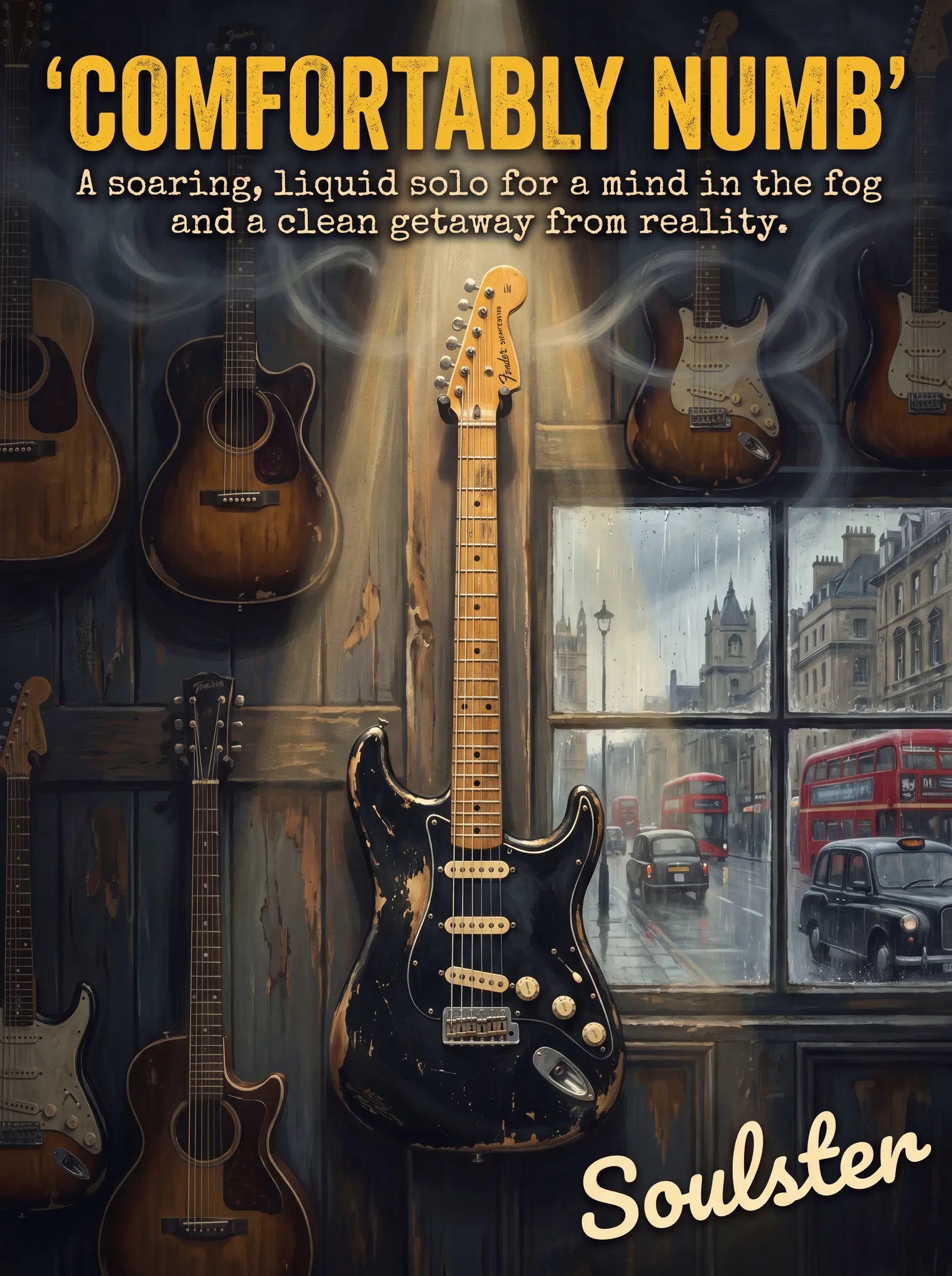 Soulster Manchester Edition wall art print showing a cinematic pulp style design of a Vintage Guitar inspired by Comfortably Numb - London.