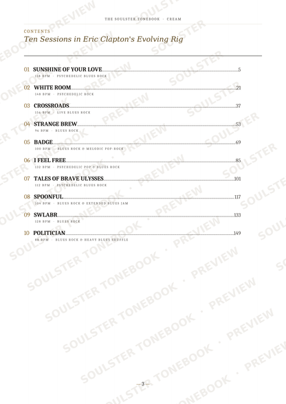 A printed table of contents page from a book titled "Ten Sessions in Eric Clapton's Evolving Rig" with song titles, page numbers, and repeated Soulster Tonebook preview watermarks across the page.