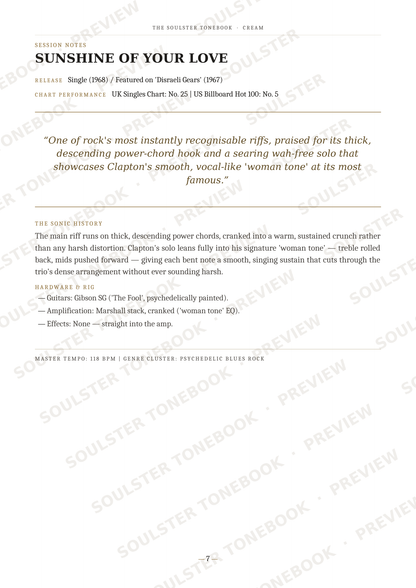 A printed page from a music book or liner notes cover featuring the title 'SUNSHINE OF YOUR LOVE,' artist text, a quote, track history, and performance details on a white background with repeated diagonal watermark text.