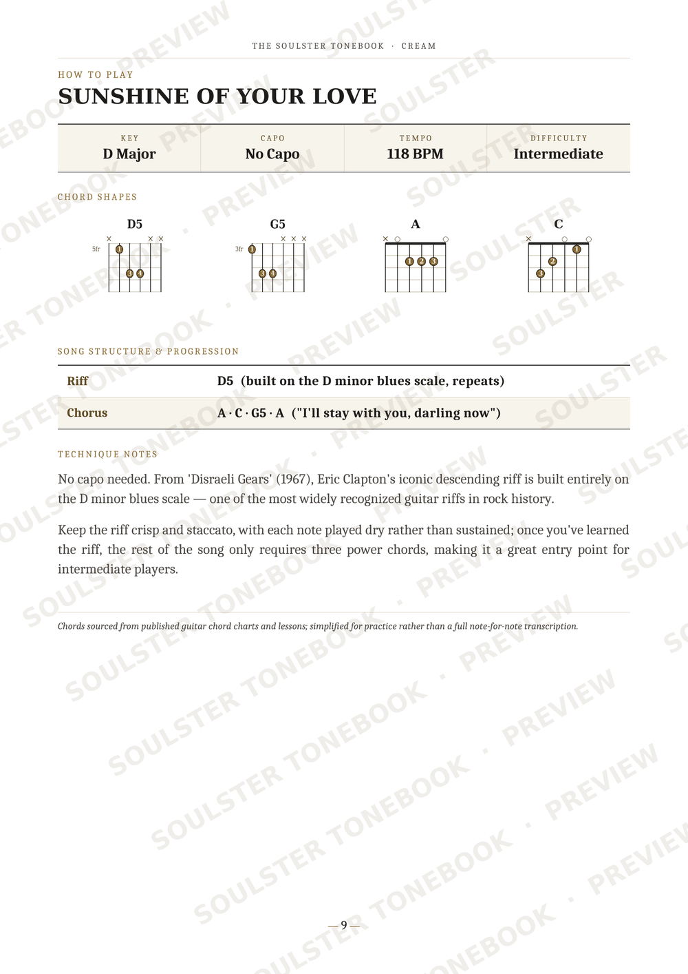 A page from a guitar instruction book titled 'SUNSHINE OF YOUR LOVE' by The Soulster, showing chord diagrams for D Major, A, and C, along with chord progressions and a riff. The page has a white background with black text and diagrams, and diagonal 'SOULSTER TONEBOOKS - PREVIEW' watermarks.