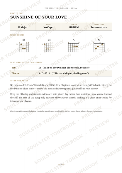 A page from a guitar instruction book titled 'SUNSHINE OF YOUR LOVE' by The Soulster, showing chord diagrams for D Major, A, and C, along with chord progressions and a riff. The page has a white background with black text and diagrams, and diagonal 'SOULSTER TONEBOOKS - PREVIEW' watermarks.