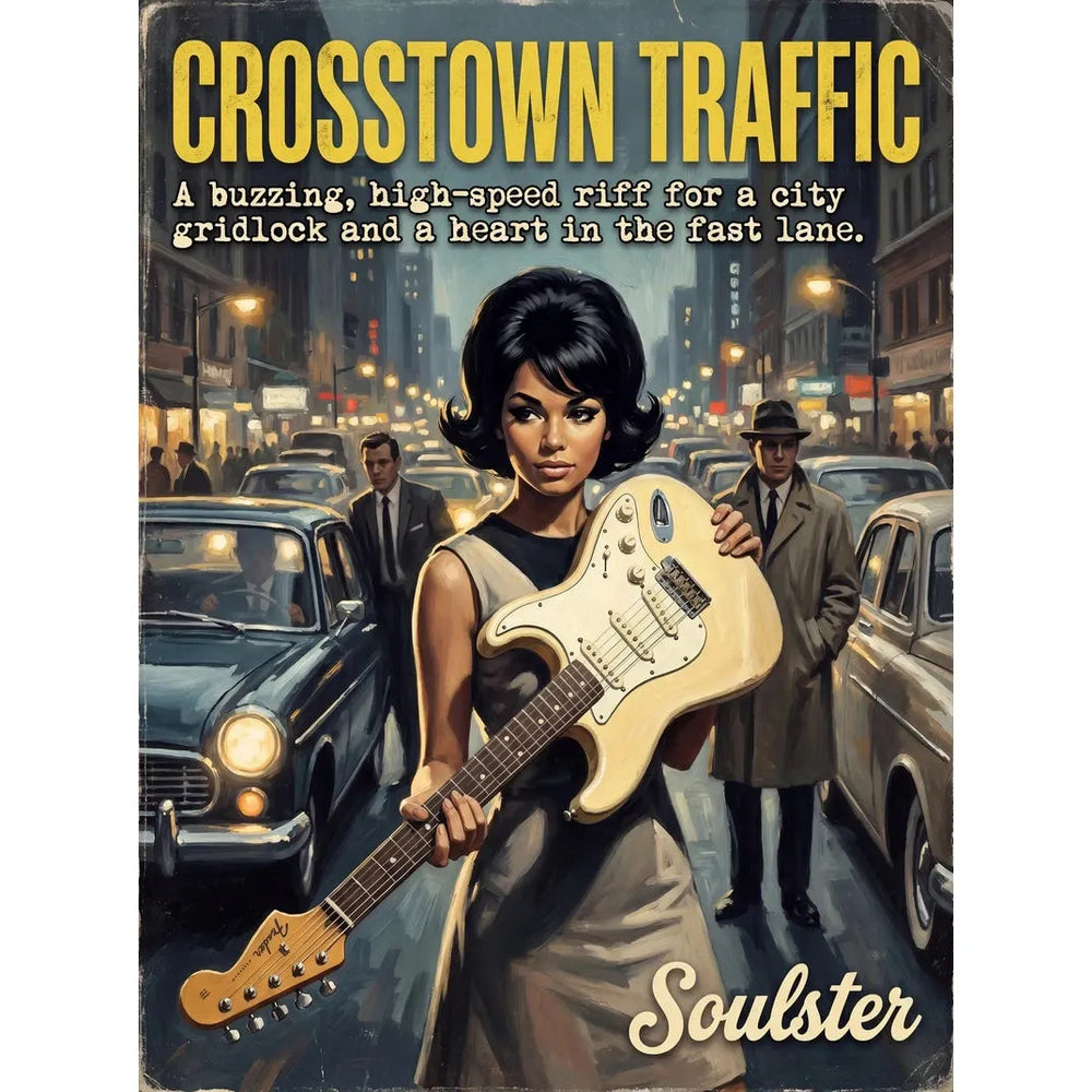 Soulster cinematic vintage pulp book cover art print illustration styled in a classic 1960s design layout inspired by Crosstown Traffic.
