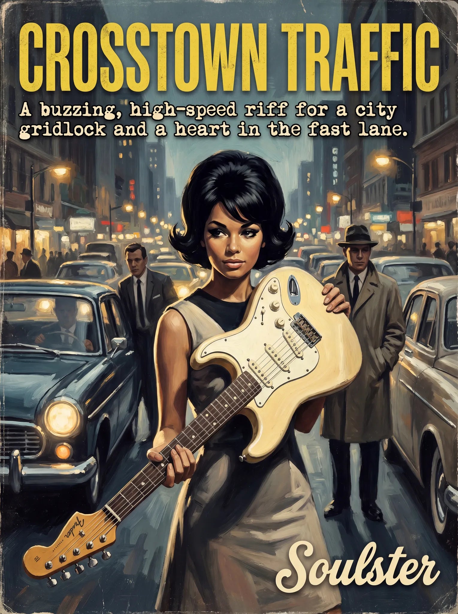 Soulster cinematic vintage pulp book cover art print illustration styled in a classic 1960s design layout inspired by Crosstown Traffic.