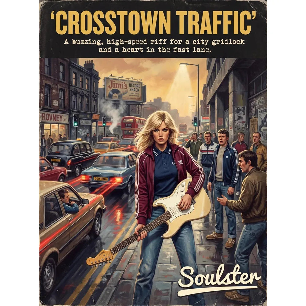 Soulster retro pulp thriller book cover style art print illustration inspired by Alternative Indie - Crosstown Traffic.