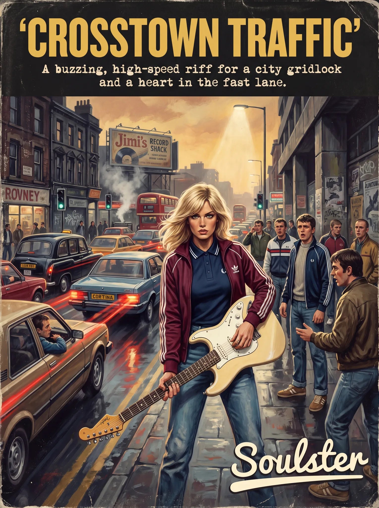 Soulster retro pulp thriller book cover style art print illustration inspired by Alternative Indie - Crosstown Traffic.