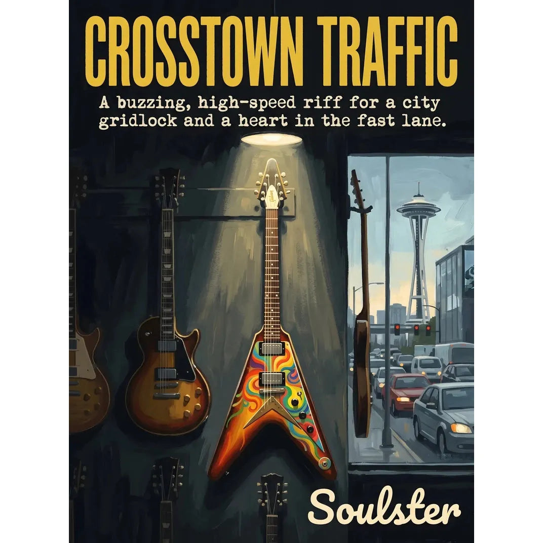 Soulster Manchester Edition wall art print showing a cinematic pulp style design of a Vintage Guitar inspired by Crosstown Traffic - Seattle.