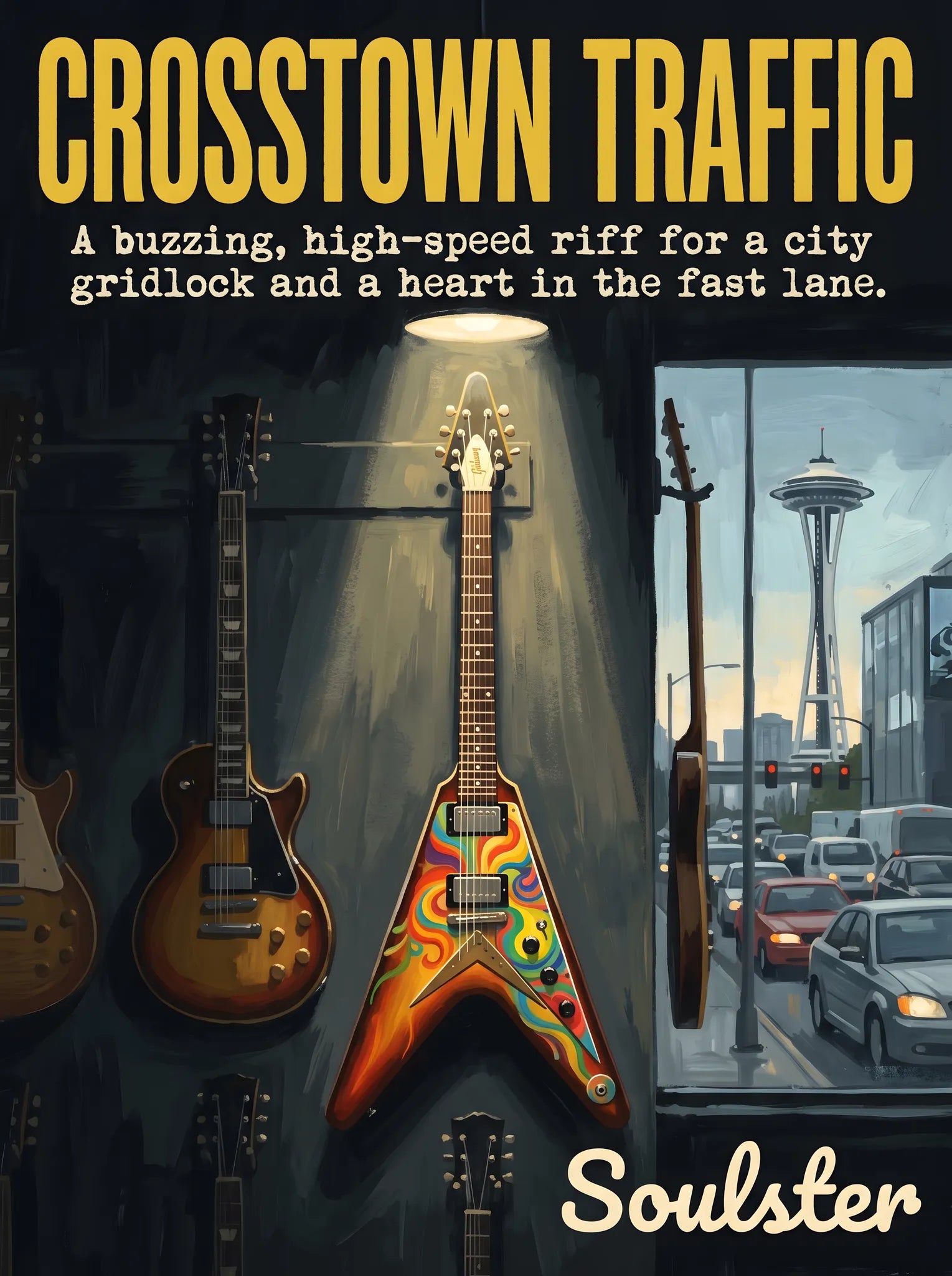 Soulster Manchester Edition wall art print showing a cinematic pulp style design of a Vintage Guitar inspired by Crosstown Traffic - Seattle.