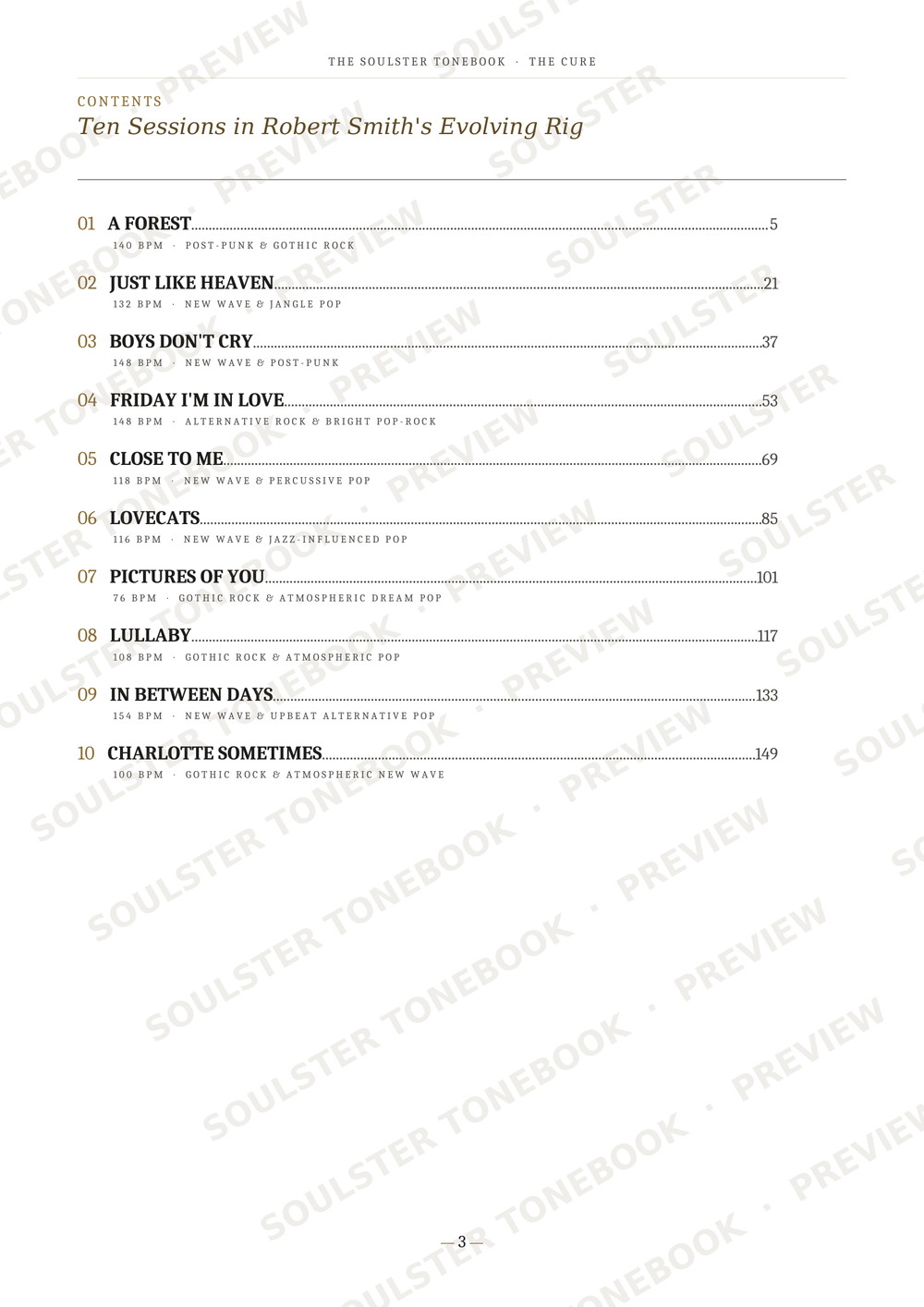 A printed table of contents page from The Soulater Soundbook: The Cure, showing chapter titles, page numbers, and a list of songs with repeated Soulater watermark text across the page.