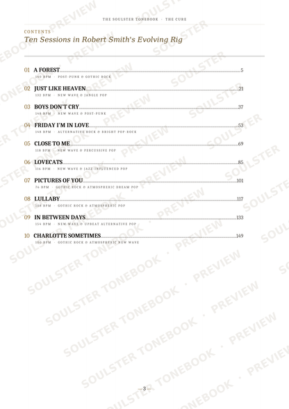 A printed table of contents page from The Soulater Soundbook: The Cure, showing chapter titles, page numbers, and a list of songs with repeated Soulater watermark text across the page.