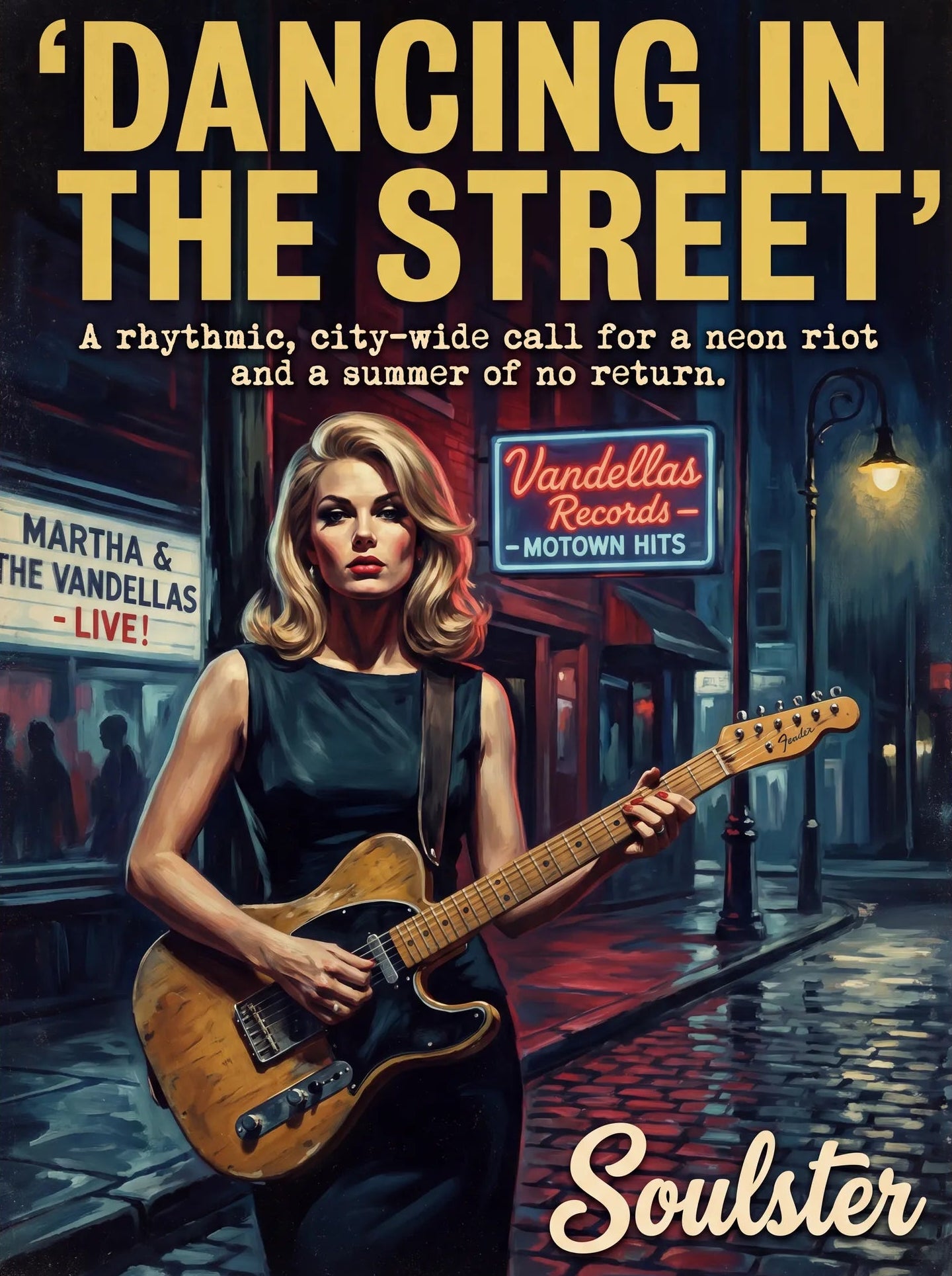 Soulster cinematic vintage pulp book cover art print illustration styled in a classic 1950s theme inspired by Dancing In The Street.
