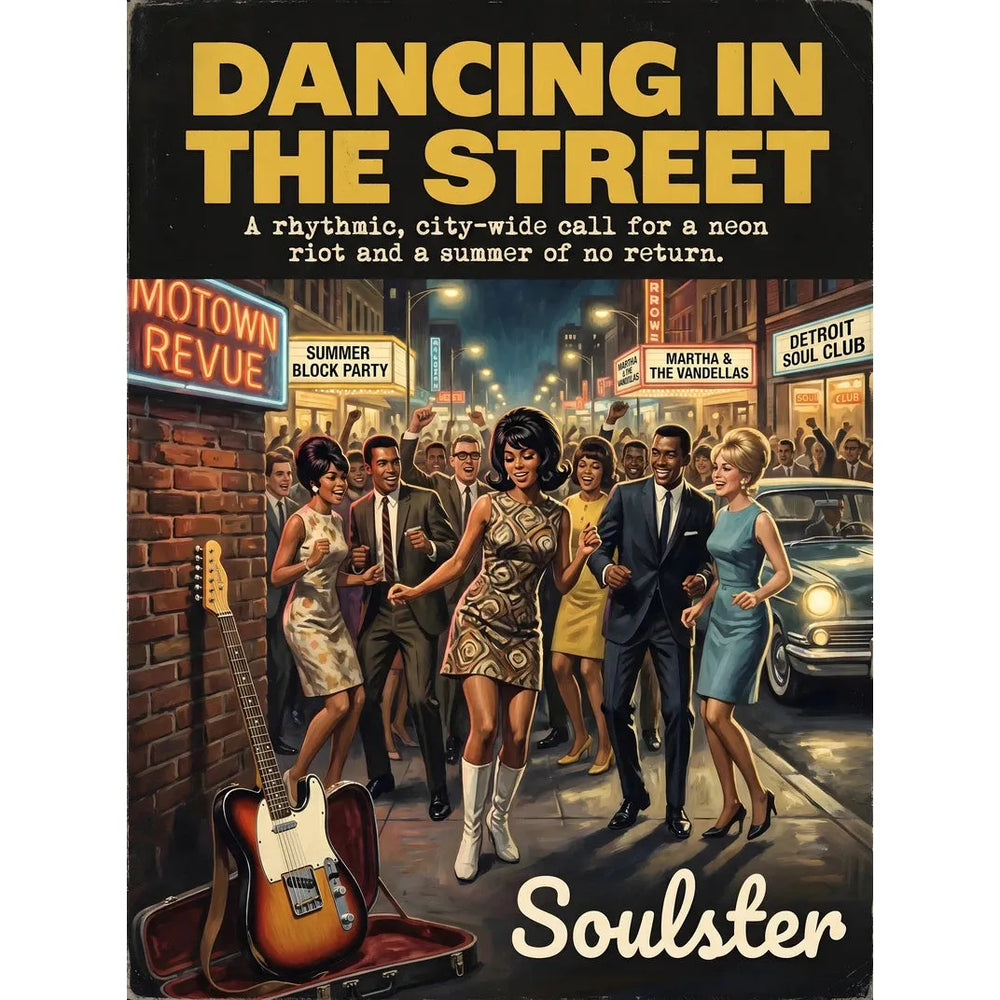 Soulster cinematic vintage pulp book cover art print illustration styled in a classic 1960s theme inspired by Dancing In The Street.