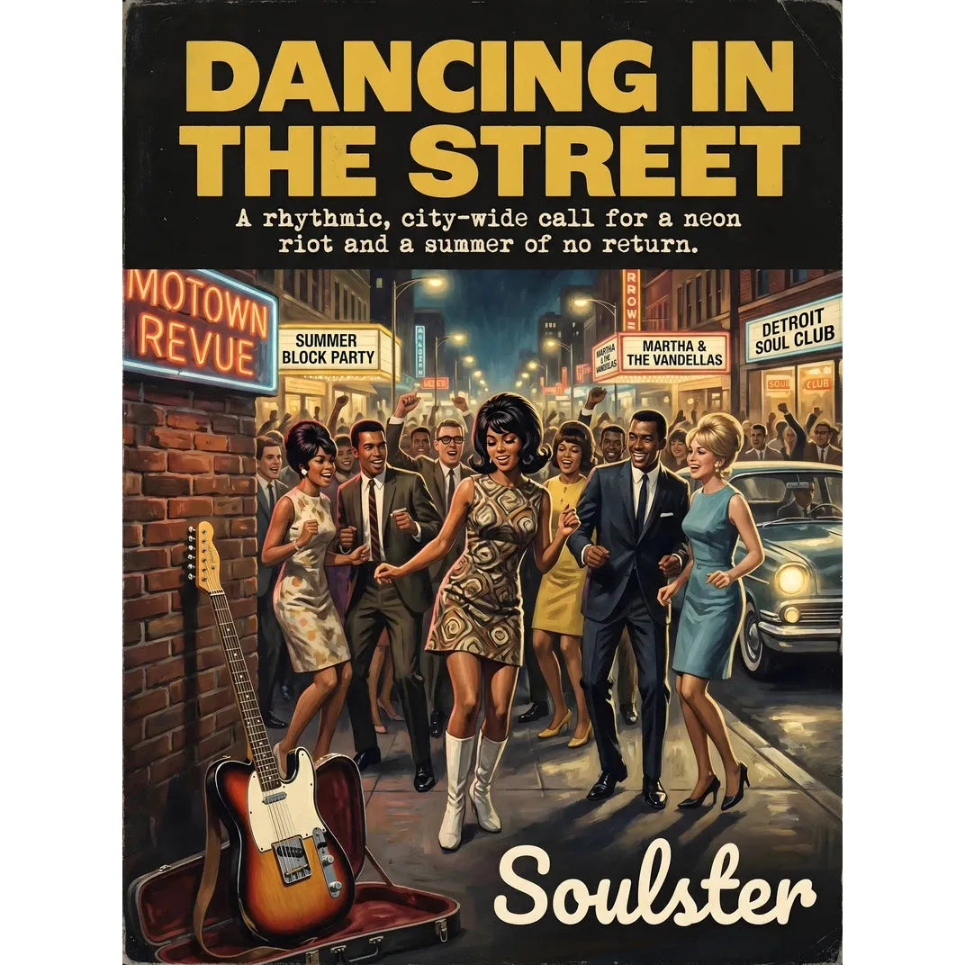 Soulster cinematic vintage pulp book cover art print illustration styled in a classic 1960s theme inspired by Dancing In The Street.