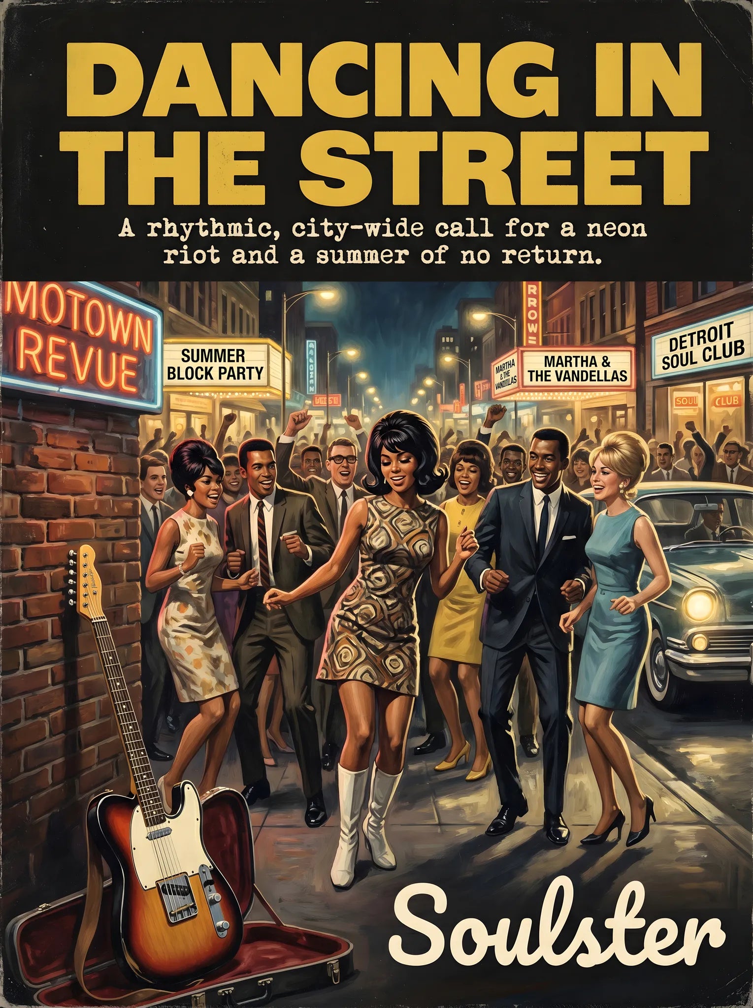 Soulster cinematic vintage pulp book cover art print illustration styled in a classic 1960s theme inspired by Dancing In The Street.