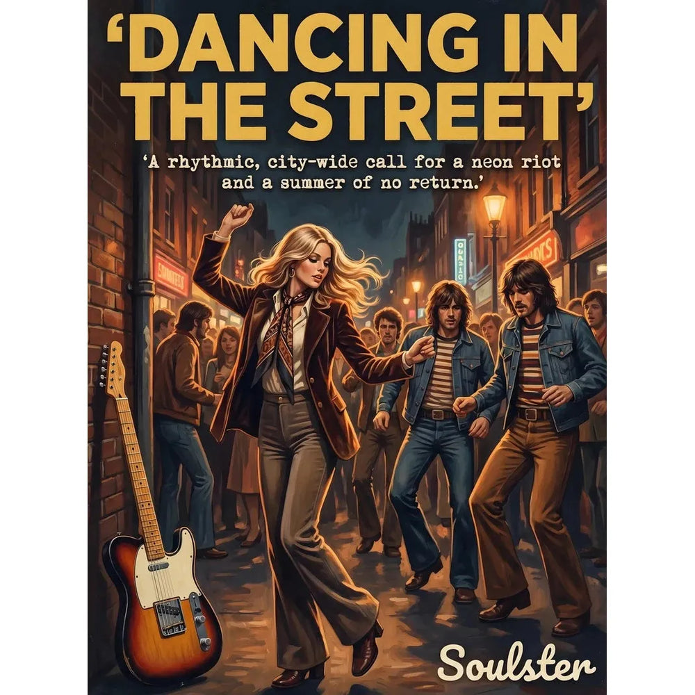 Soulster cinematic vintage pulp book cover art print illustration styled in a classic 1970s theme inspired by Dancing In The Street.