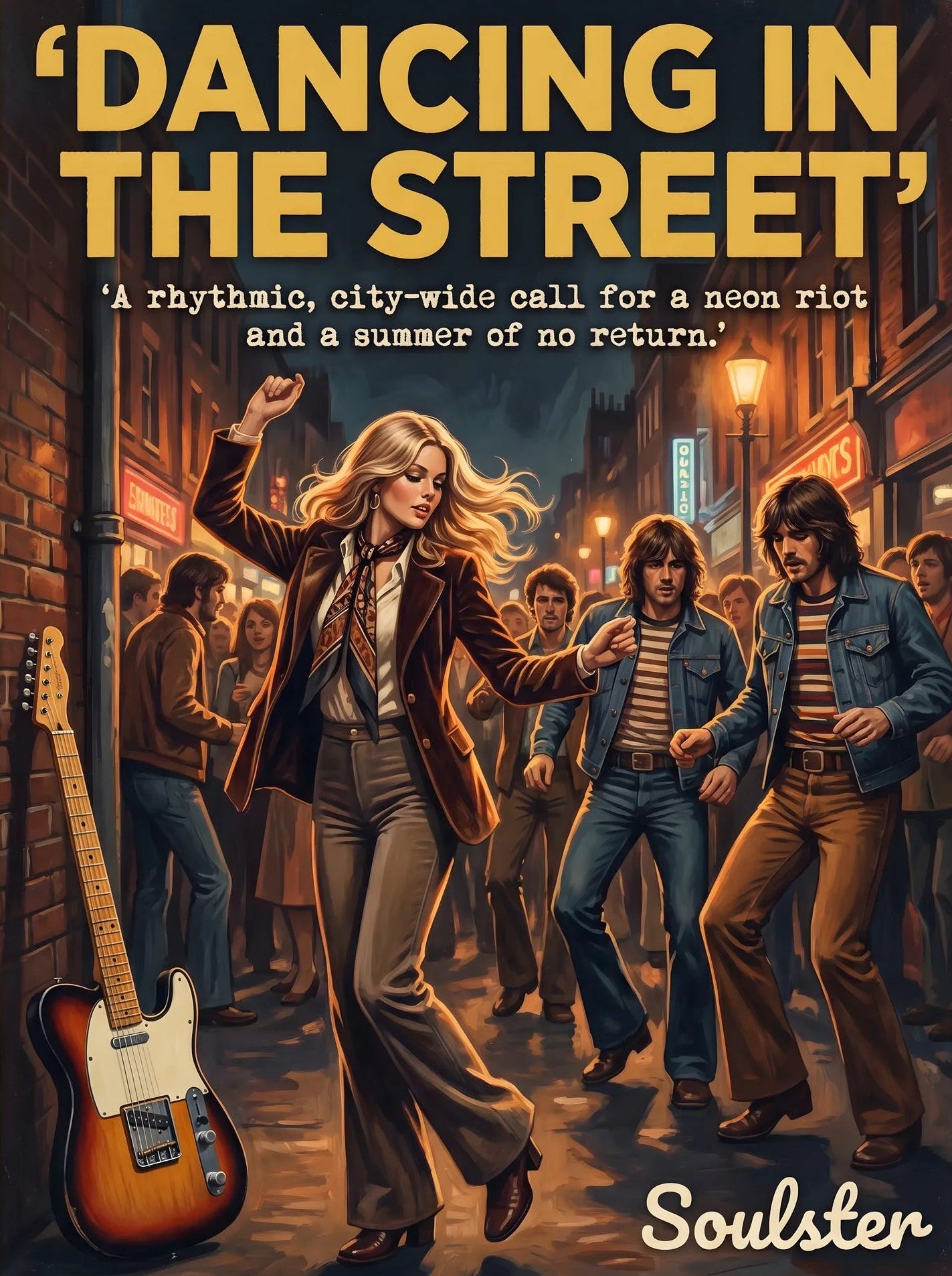 Soulster cinematic vintage pulp book cover art print illustration styled in a classic 1970s theme inspired by Dancing In The Street.