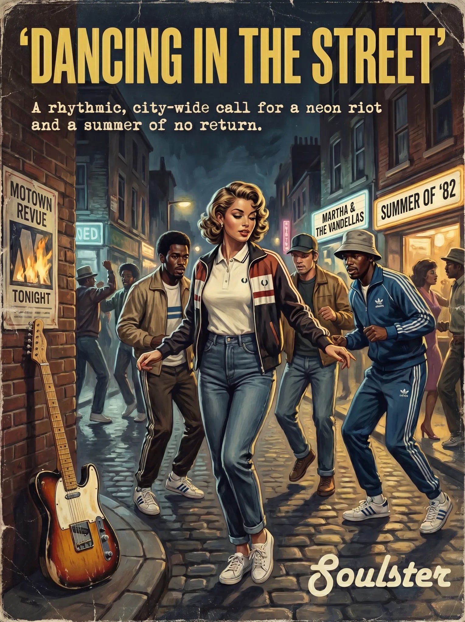 Soulster retro pulp thriller book cover style art print illustration inspired by Alternative Indie - Dancing In The Street.
