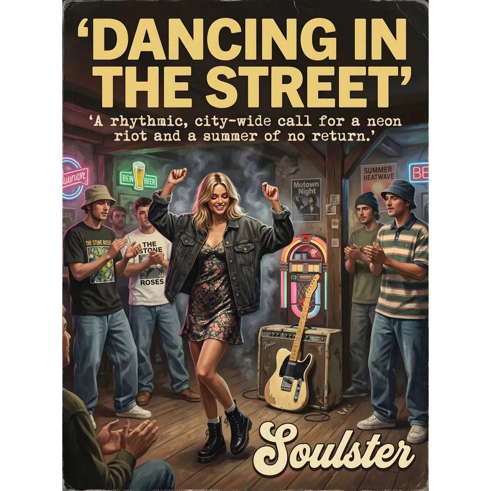 Soulster cinematic vintage pulp book cover art print illustration styled in a classic 1990s theme inspired by Dancing In The Street.
