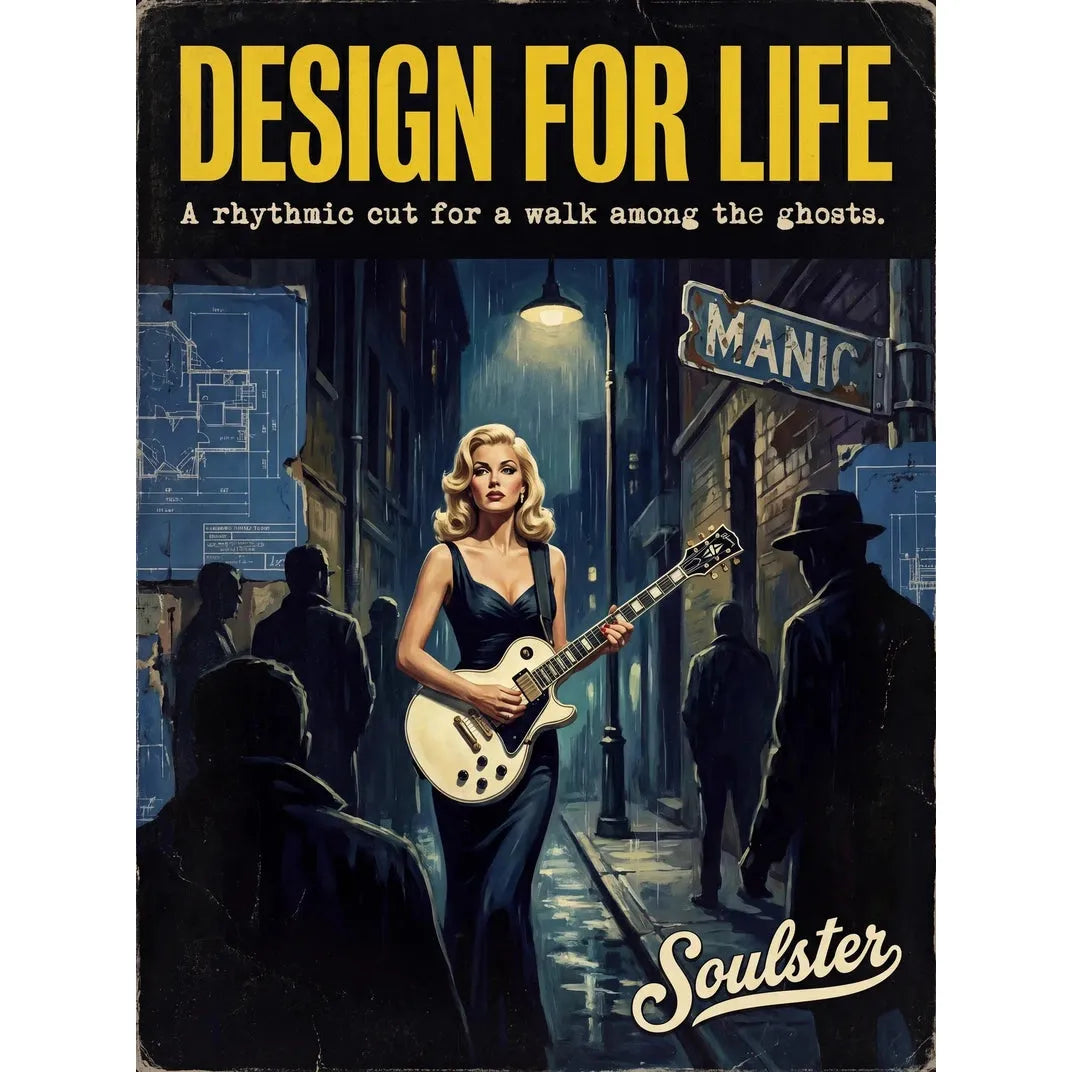 Soulster cinematic vintage pulp book cover art print illustration styled in a classic 1950s design layout inspired by Design For Life.