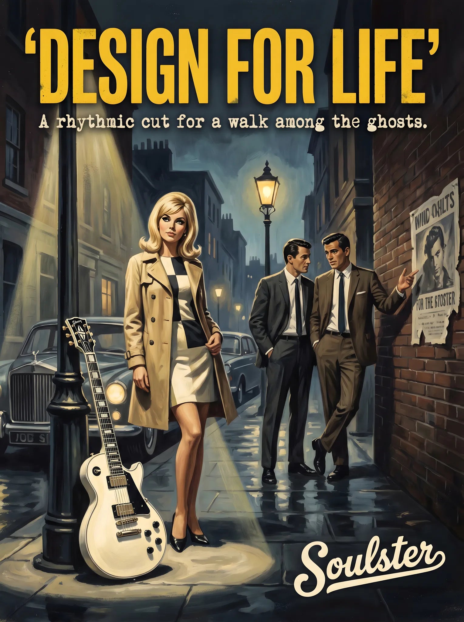 Soulster cinematic vintage pulp book cover art print illustration styled in a classic 1960s design layout inspired by Design For Life.