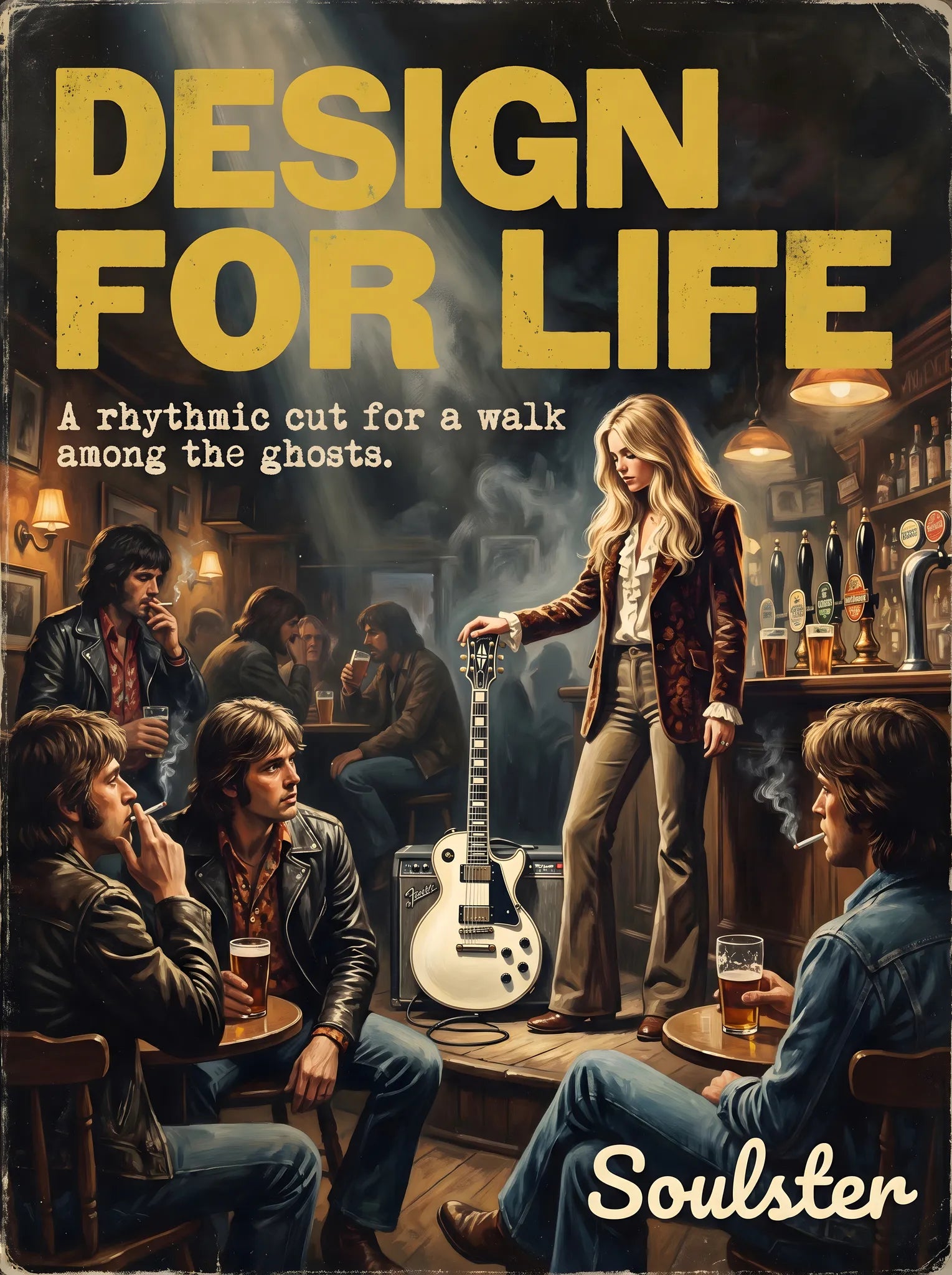 Soulster cinematic vintage pulp book cover art print illustration styled in a classic 1970s design layout inspired by Design For Life.