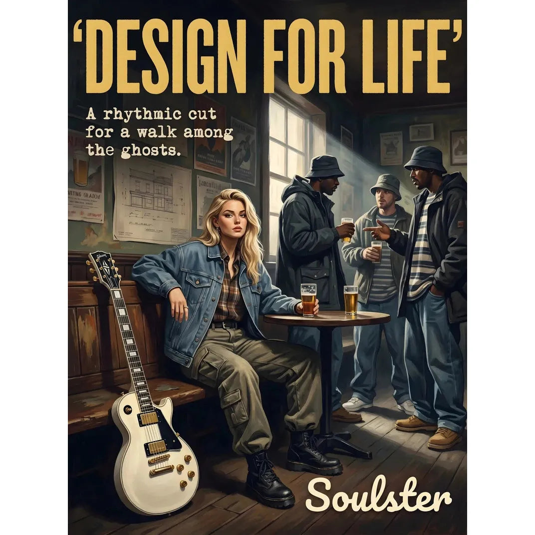 Soulster cinematic vintage pulp book cover art print illustration styled in a classic 1990s design layout inspired by Design For Life.
