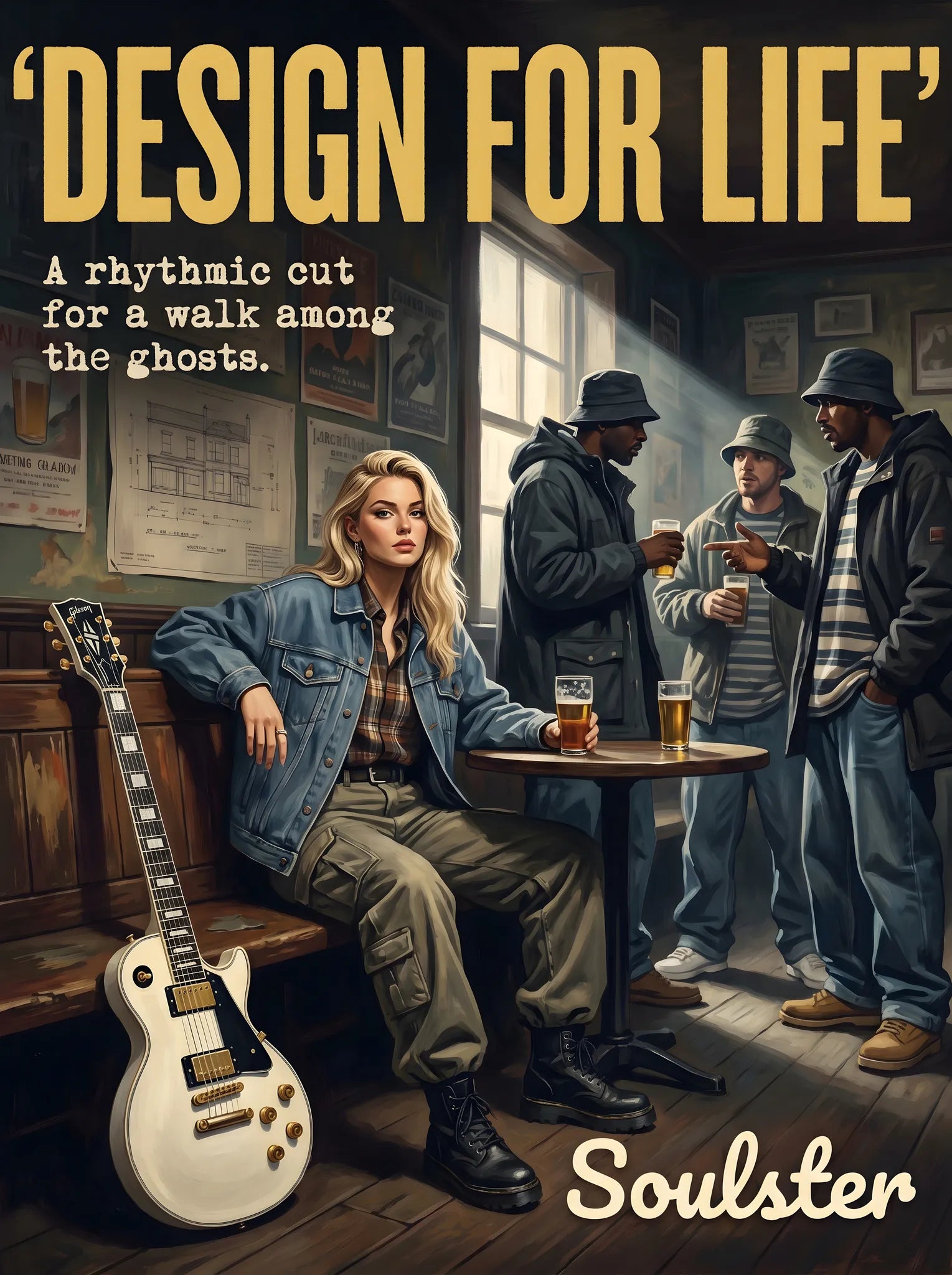 Soulster cinematic vintage pulp book cover art print illustration styled in a classic 1990s design layout inspired by Design For Life.