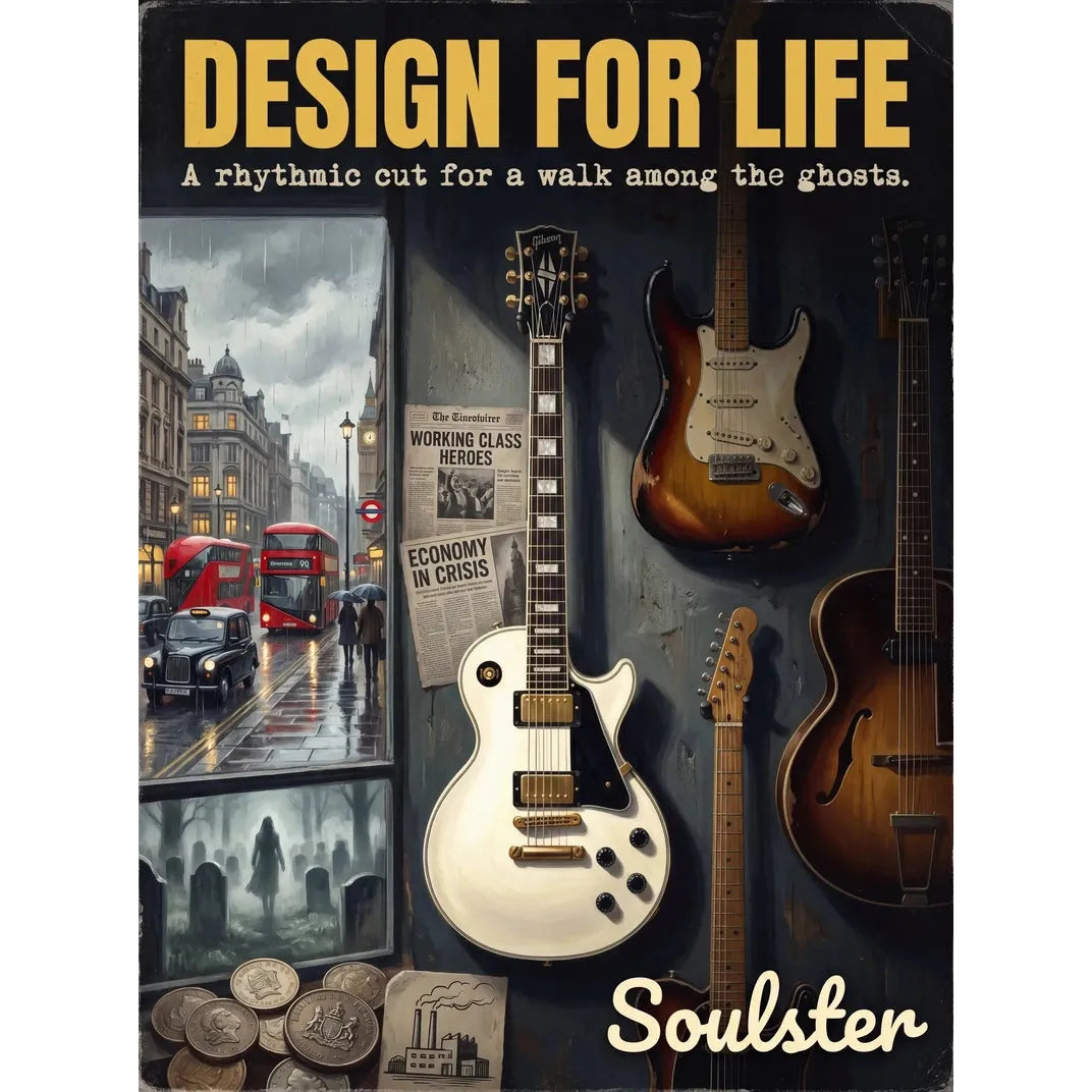 Soulster Manchester Edition wall art print showing a cinematic pulp style design of a Gibson Les Paul Custom inspired by Design For Life - London.