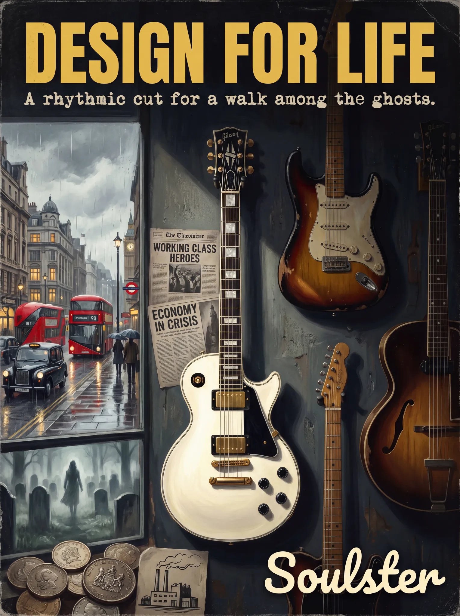 Soulster Manchester Edition wall art print showing a cinematic pulp style design of a Gibson Les Paul Custom inspired by Design For Life - London.