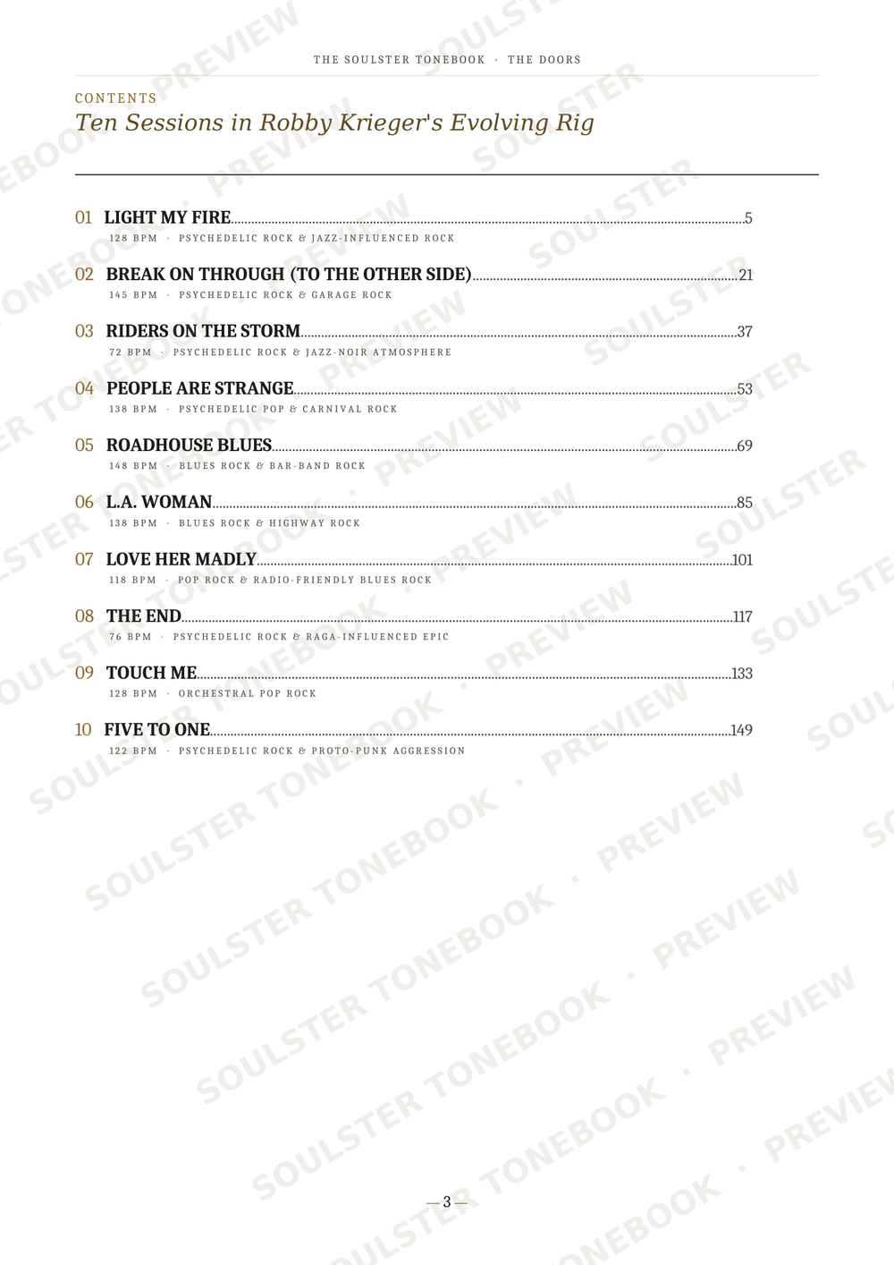 A printed table of contents page from The Soulster Tonicbook titled 'Ten Sessions in Robby Krieger's Evolving Rig,' showing numbered song titles with page numbers and repeated diagonal Soulster Tonicbook preview watermarks across the page.