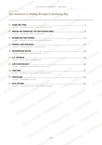 A printed table of contents page from The Soulster Tonicbook titled 'Ten Sessions in Robby Krieger's Evolving Rig,' showing numbered song titles with page numbers and repeated diagonal Soulster Tonicbook preview watermarks across the page.