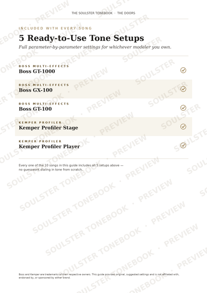 A text-based page from The Soulster Tonebook titled '5 Ready-to-Use Tone Setsups' with listed compatible gear including Boss multi-effects units, Kemper profiles, and profile stages. The page has a white background with black text and pale beige highlighted sections, overlaid with repeated diagonal Soulster watermark text.