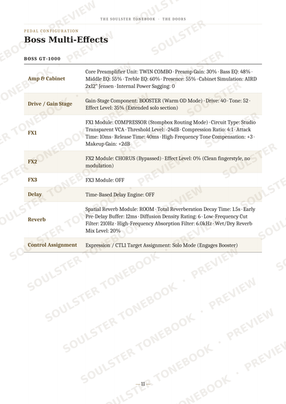 A page of technical specifications and settings for the Boss GT-1000 multi-effects guitar pedal, detailing parameters like Amp P Cabinet, Drive / Gain Stage, FX1, FX2, FX3, Delay, Reverb, and Control Assignment. The page features a white background with black text and a light beige table, overlaid with a diagonal repeating watermark.