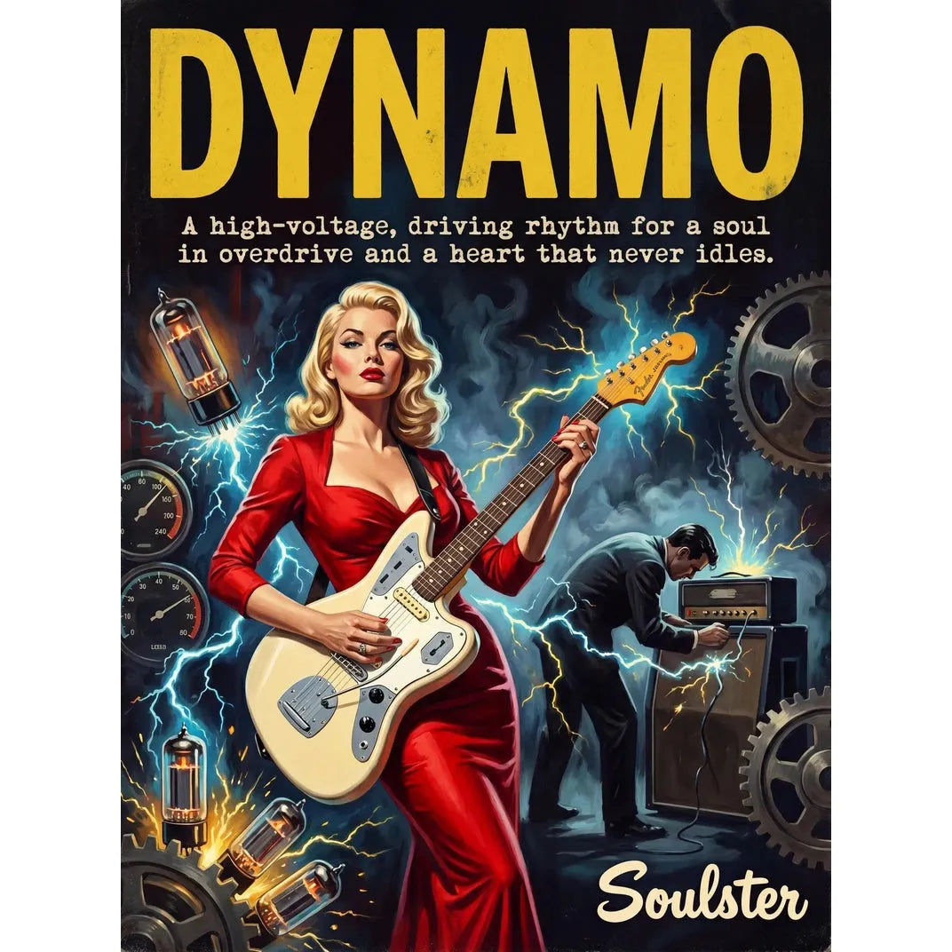 Soulster cinematic vintage pulp book cover art print illustration styled in a classic 1950s design layout inspired by Dynamo.