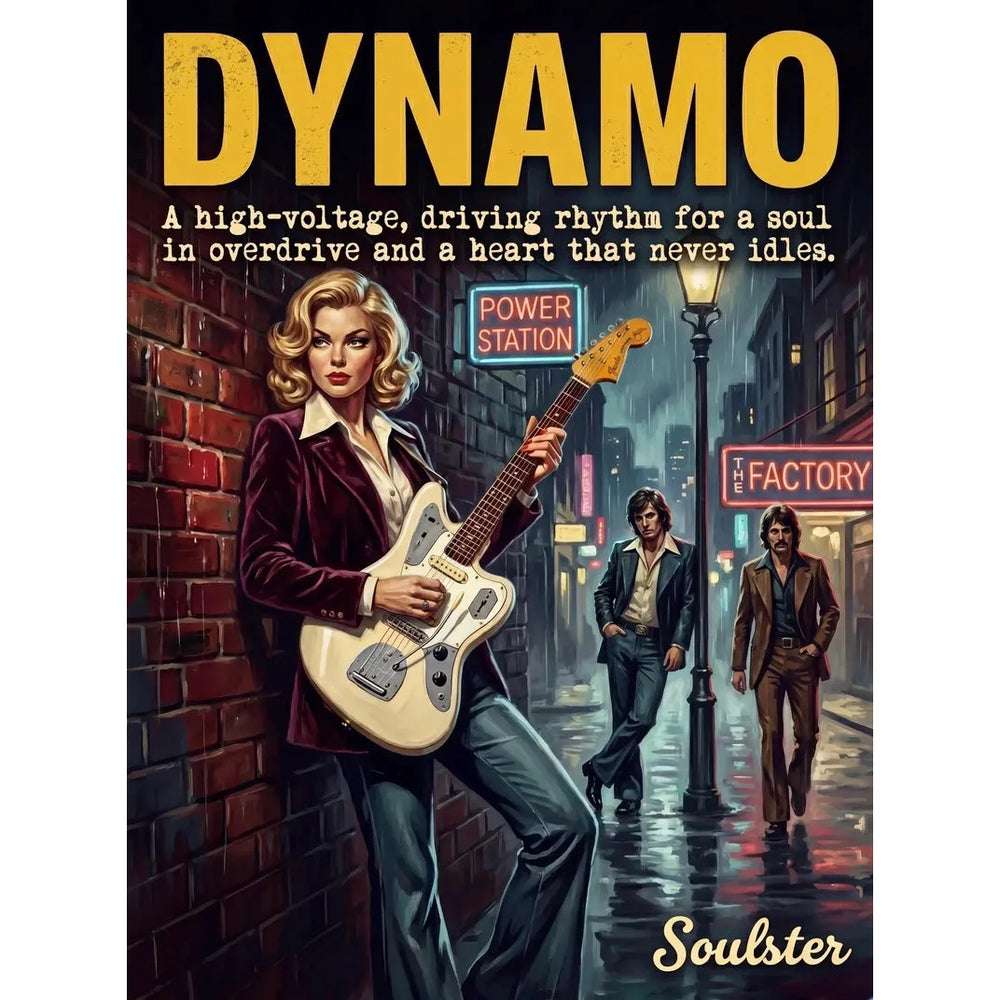 Soulster cinematic vintage pulp book cover art print illustration styled in a classic 1970s design layout inspired by Dynamo.