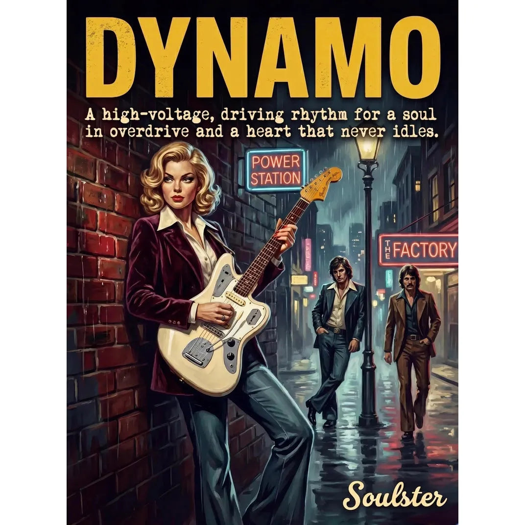 Soulster cinematic vintage pulp book cover art print illustration styled in a classic 1970s design layout inspired by Dynamo.