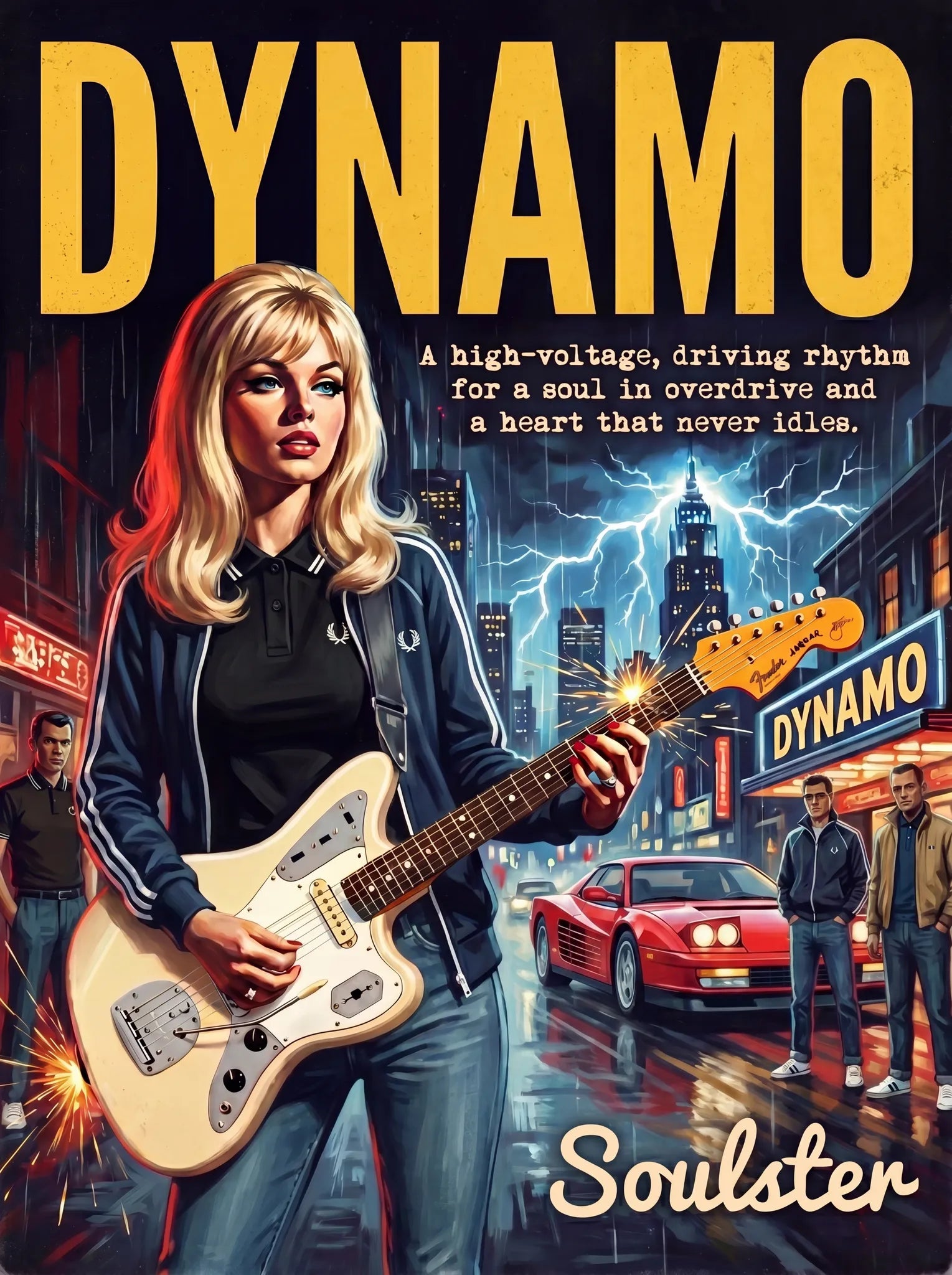 Soulster retro pulp thriller book cover style art print illustration inspired by Johnny Marr - Dynamo.