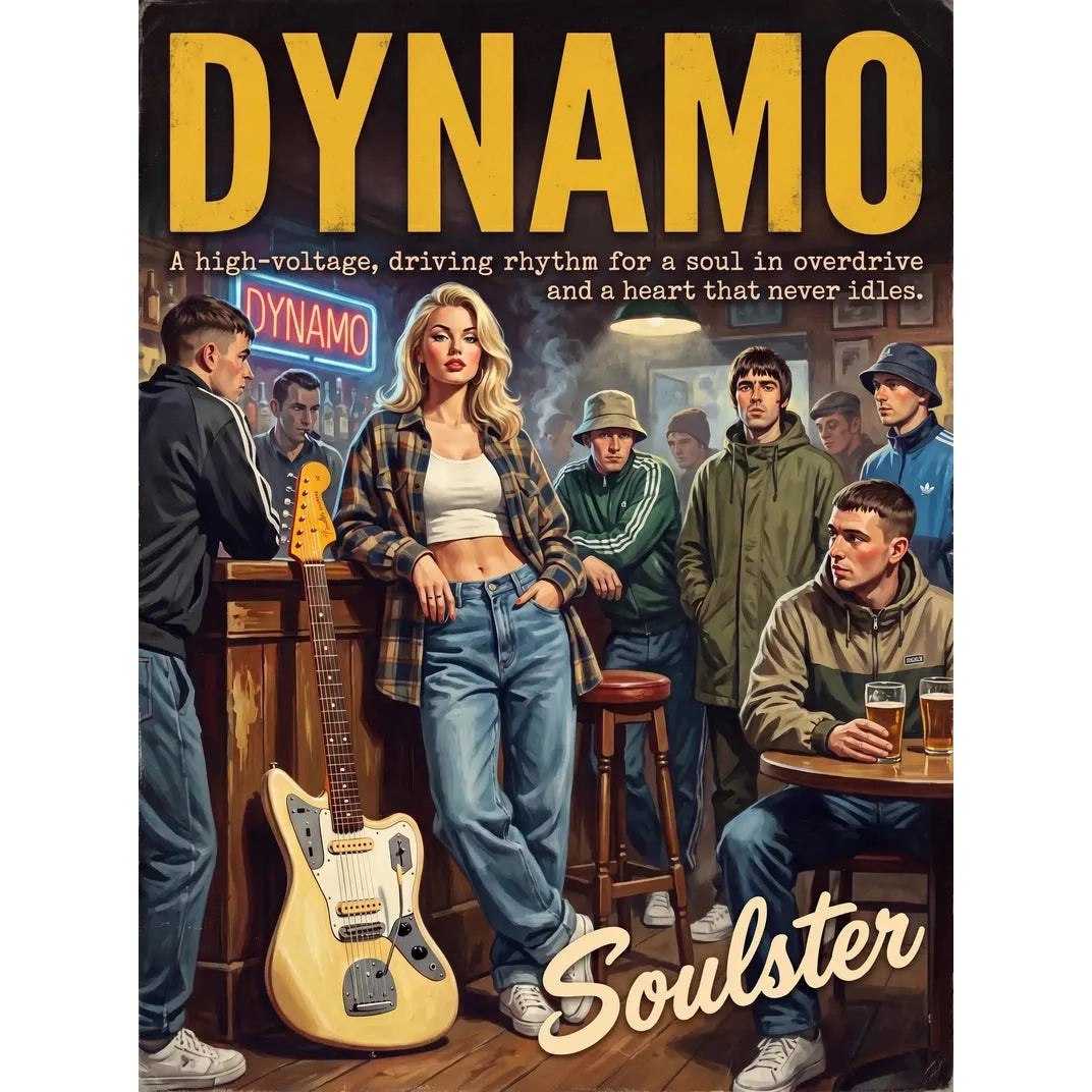 Soulster cinematic vintage pulp book cover art print illustration styled in a classic 1990s design layout inspired by Dynamo.