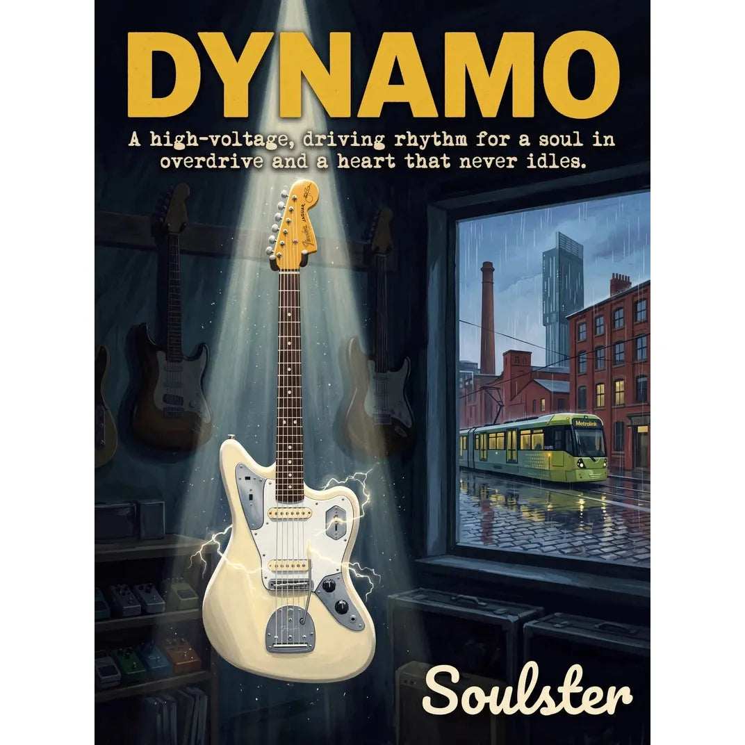 Soulster Manchester Edition wall art print showing a cinematic pulp style design of a Vintage Guitar inspired by Dynamo.