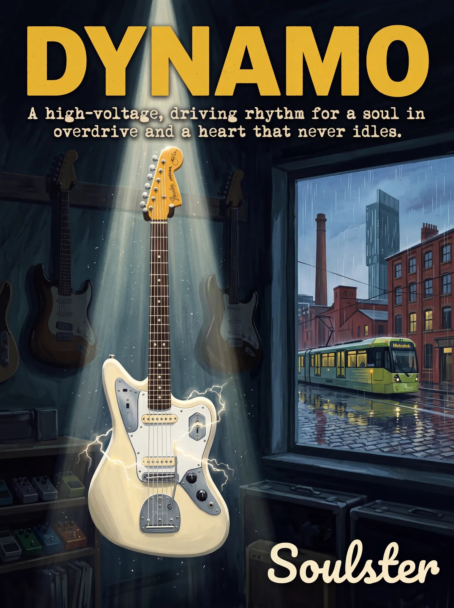 Soulster Manchester Edition wall art print showing a cinematic pulp style design of a Vintage Guitar inspired by Dynamo.