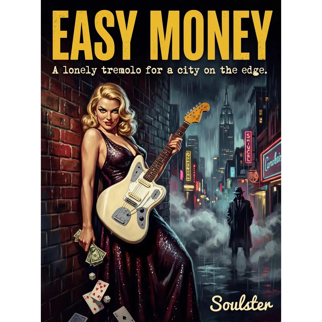 Soulster cinematic vintage pulp book cover art print illustration styled in a classic 1950s design layout inspired by Easy Money.