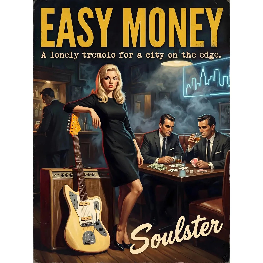 Soulster cinematic vintage pulp book cover art print illustration styled in a classic 1960s design layout inspired by Easy Money.