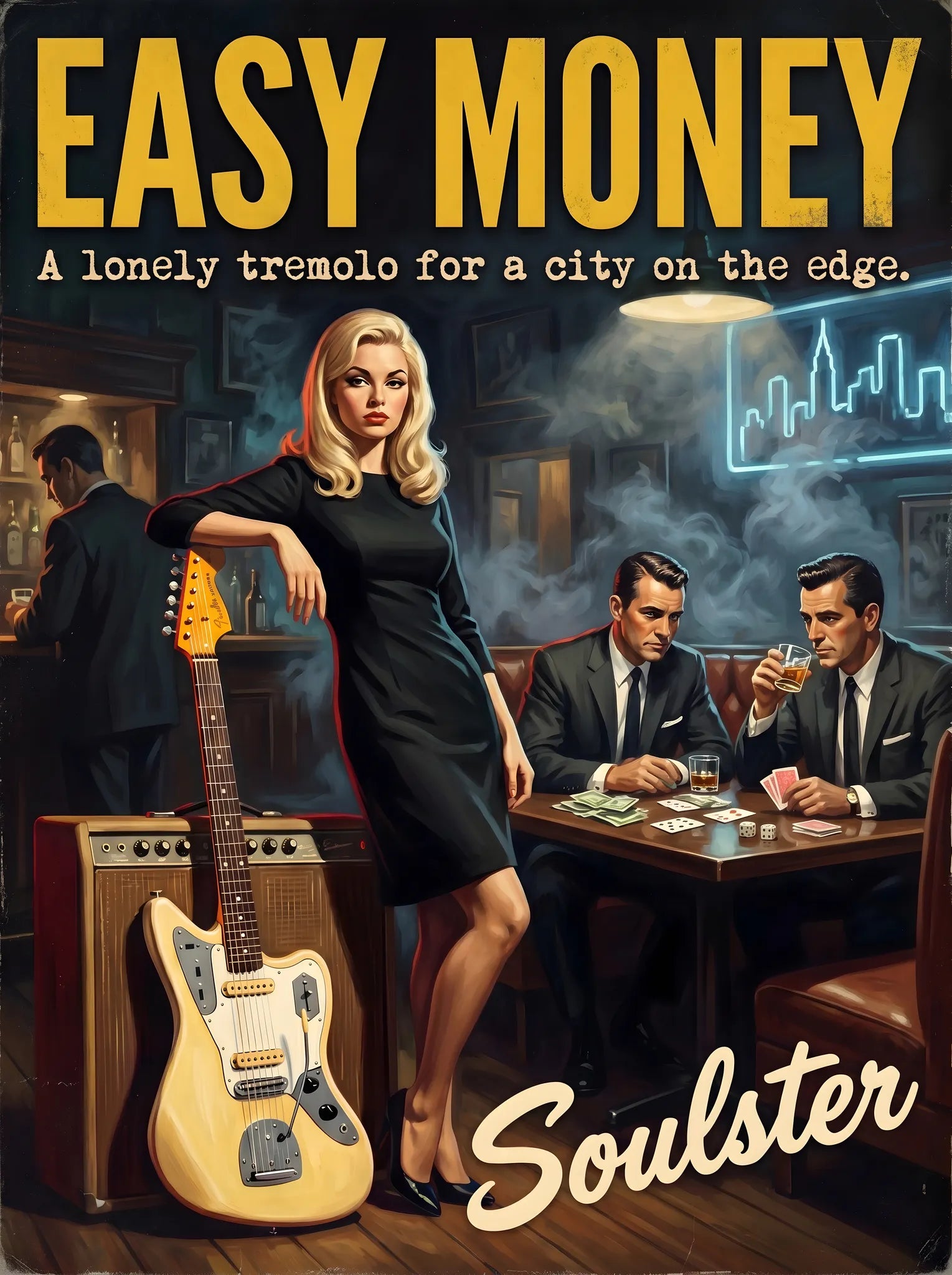 Soulster cinematic vintage pulp book cover art print illustration styled in a classic 1960s design layout inspired by Easy Money.