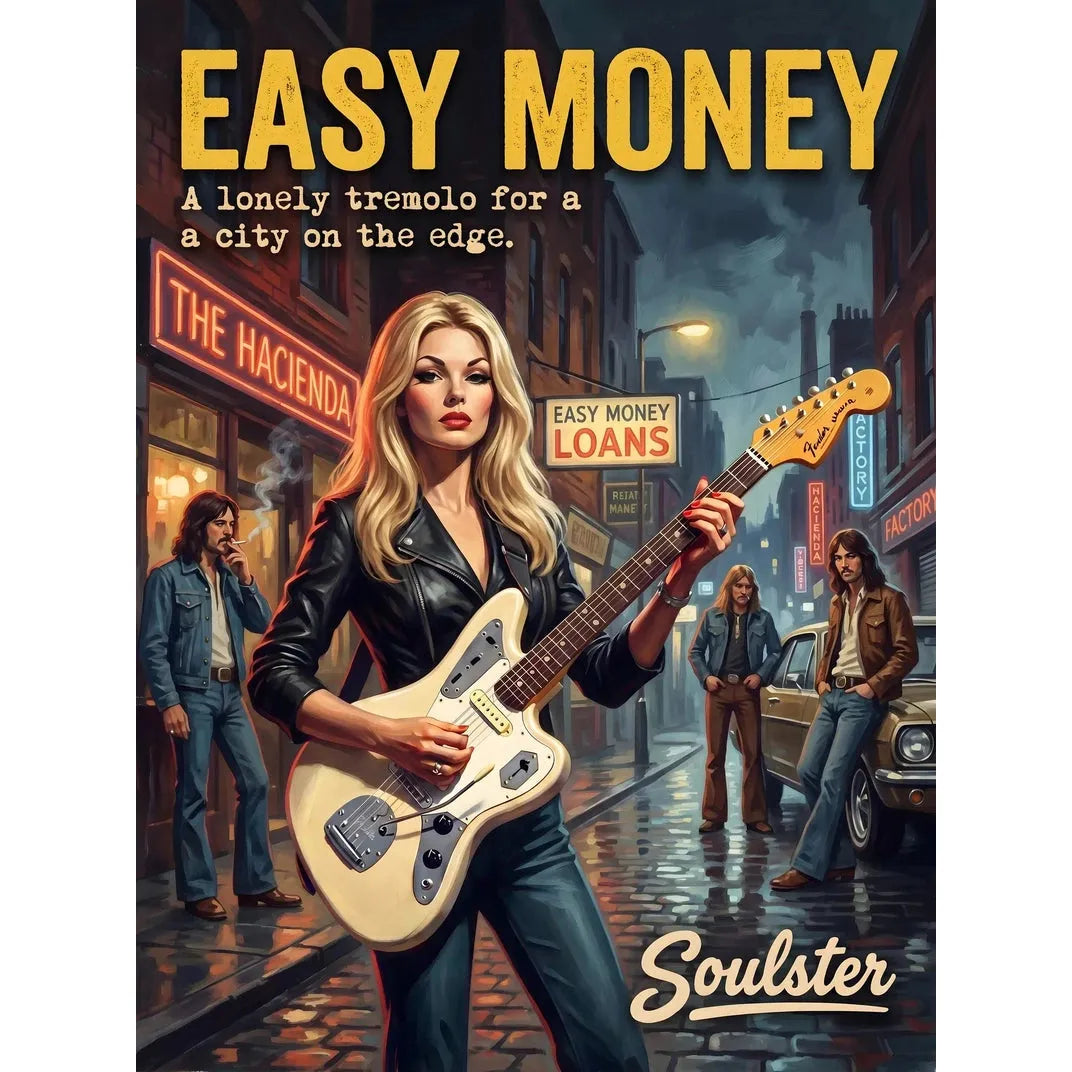 Soulster cinematic vintage pulp book cover art print illustration styled in a classic 1970s design layout inspired by Easy Money.