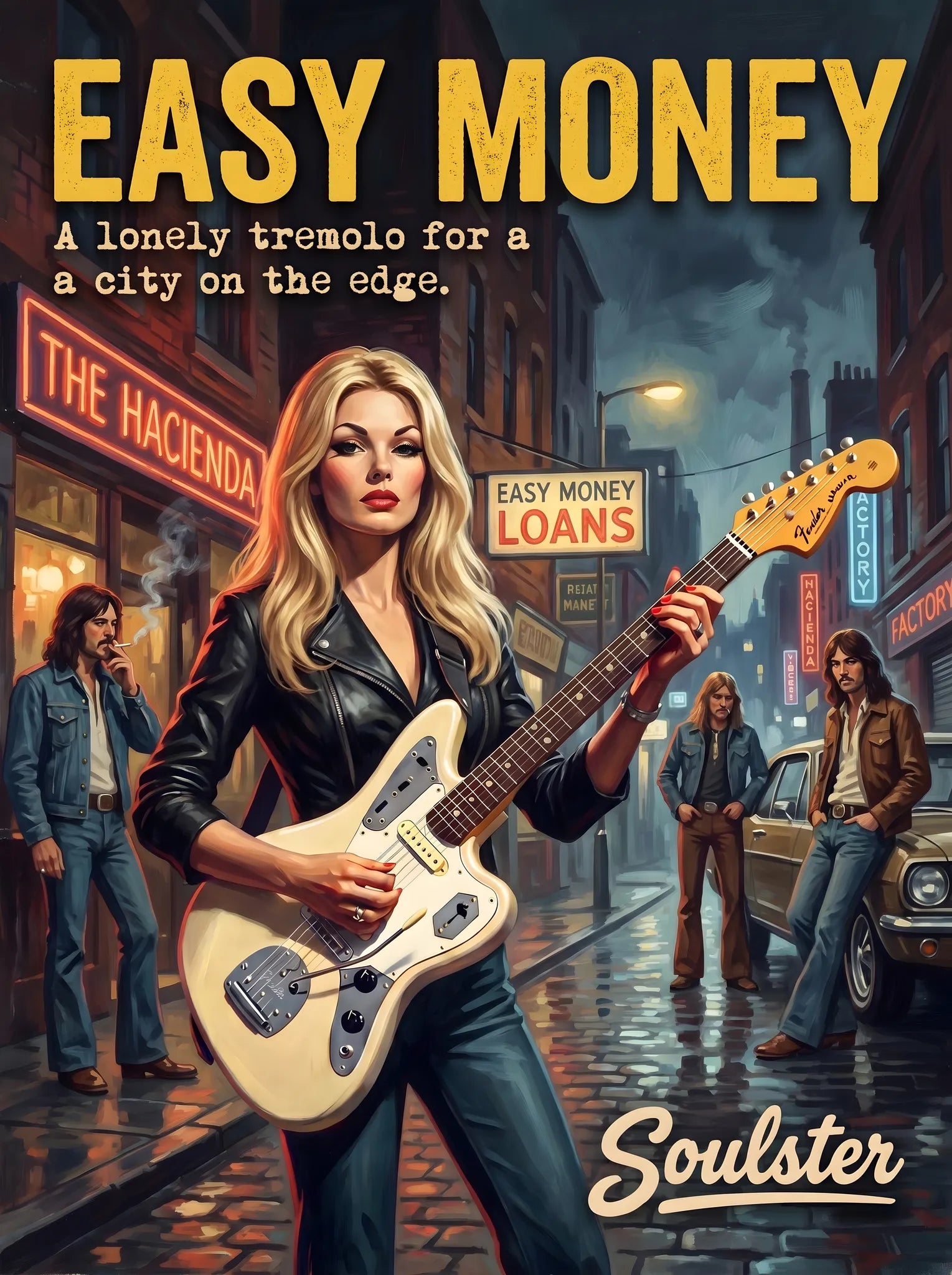 Soulster cinematic vintage pulp book cover art print illustration styled in a classic 1970s design layout inspired by Easy Money.