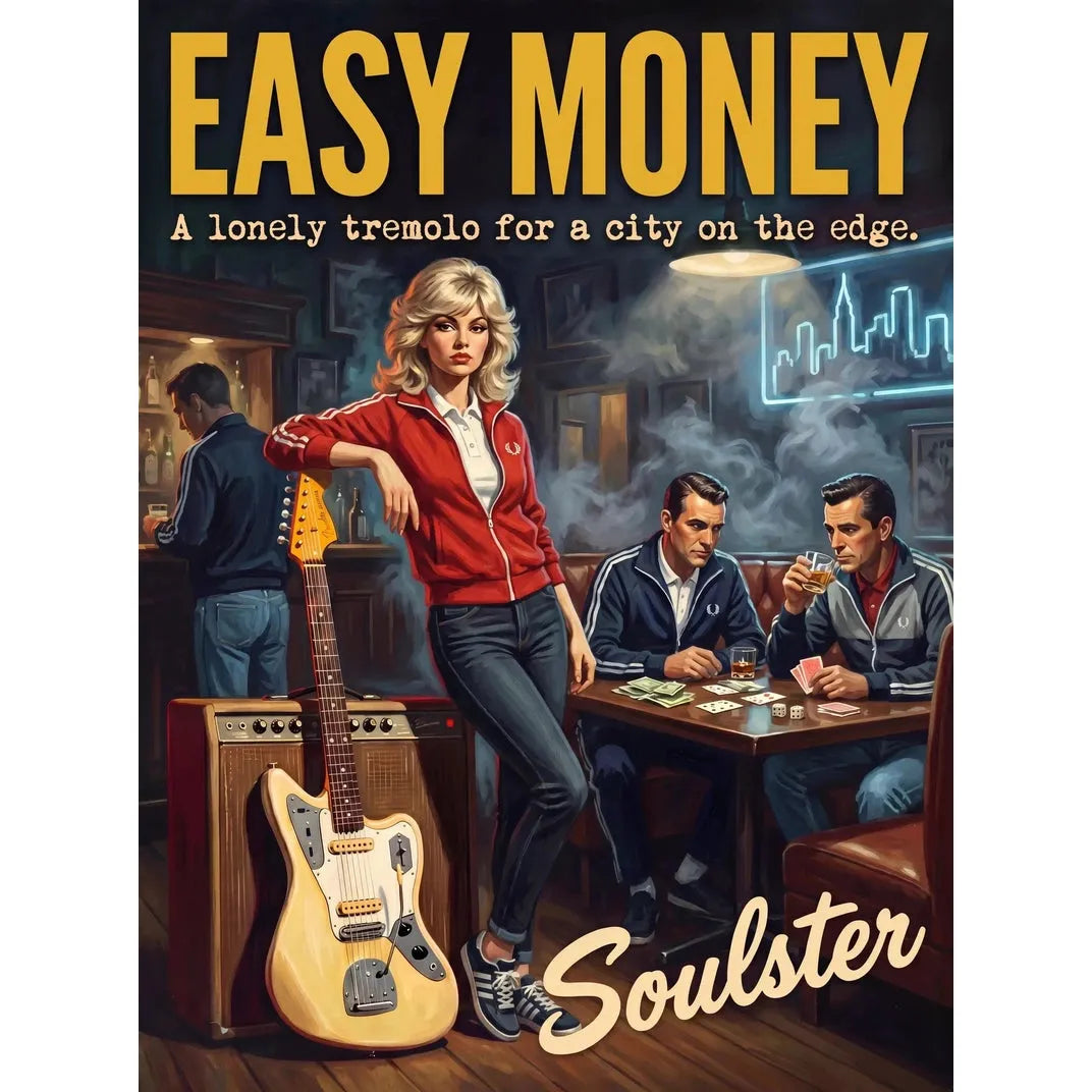 Soulster retro pulp thriller book cover style art print illustration inspired by Johnny Marr - Easy Money.