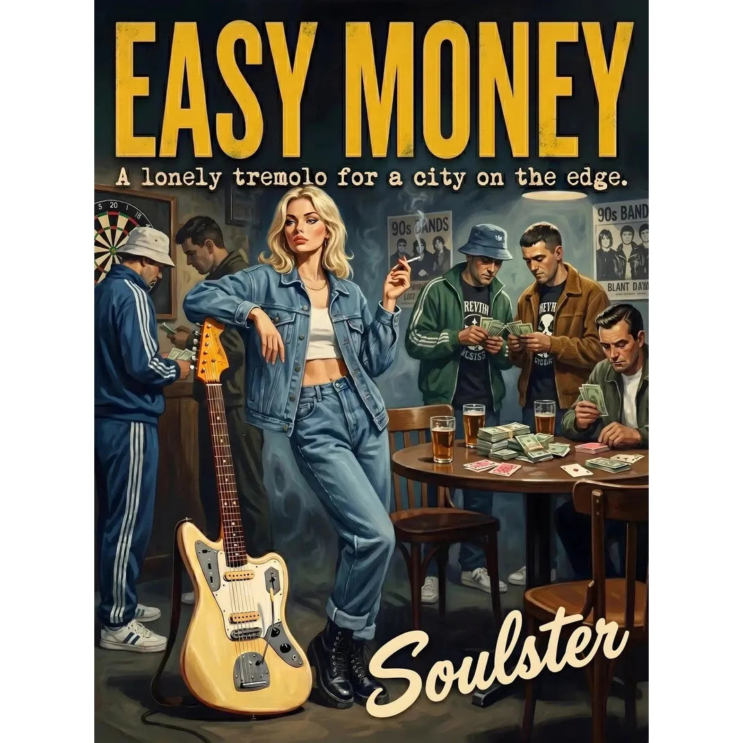 Soulster cinematic vintage pulp book cover art print illustration styled in a classic 1990s design layout inspired by Easy Money.