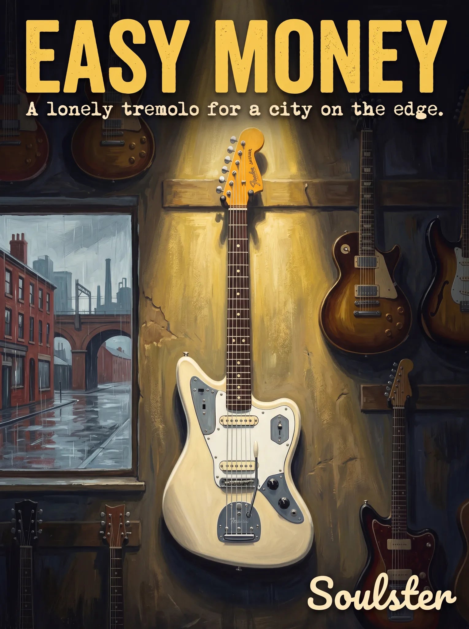 Soulster Manchester Edition wall art print showing a cinematic pulp style design of a Vintage Guitar inspired by Easy Money.
