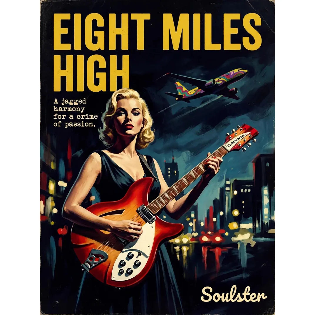 Soulster cinematic vintage pulp book cover art print illustration styled in a classic 1950s design layout inspired by Eight Miles High.