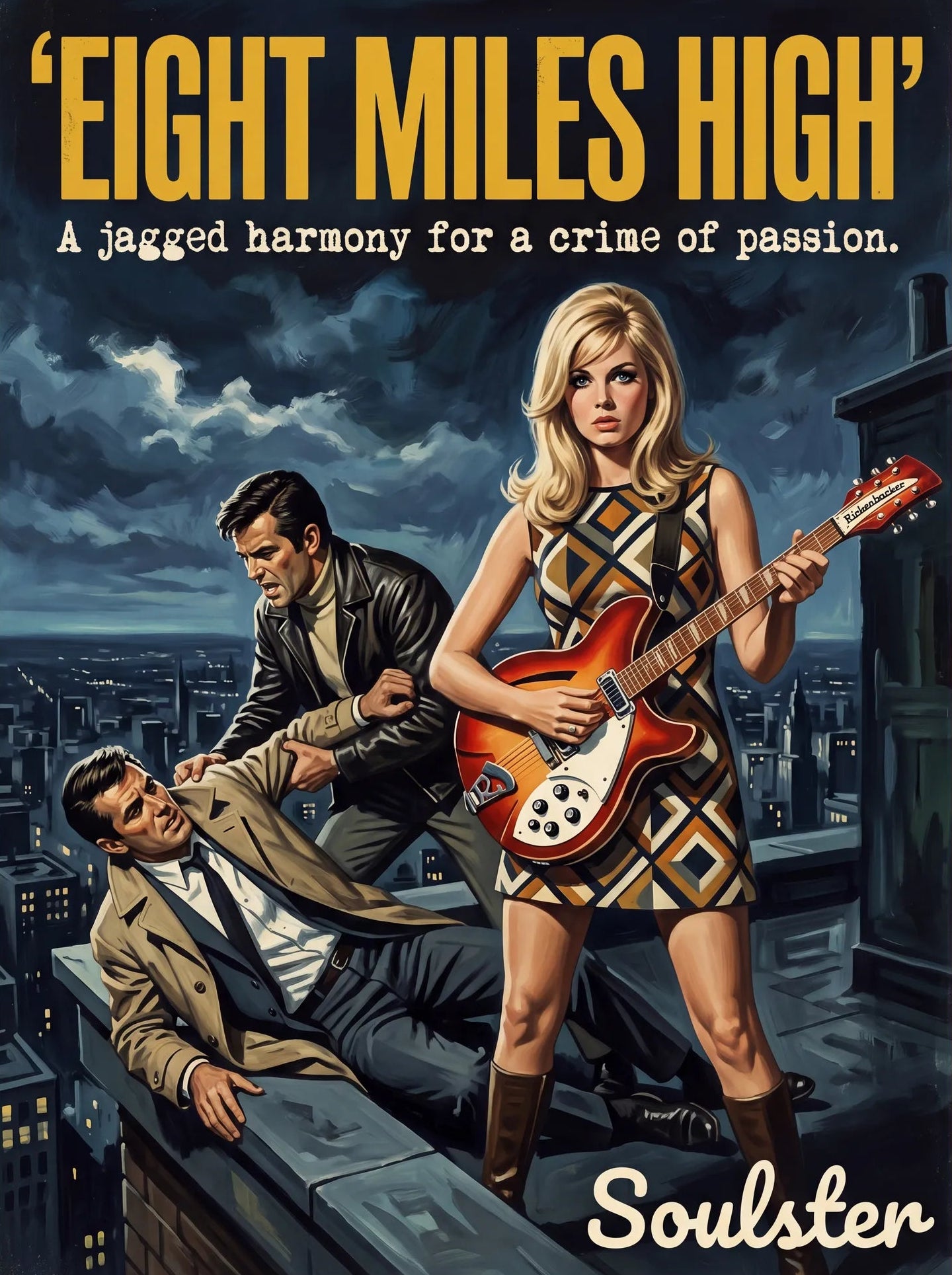 Soulster cinematic vintage pulp book cover art print illustration styled in a classic 1960s design layout inspired by Eight Miles High.